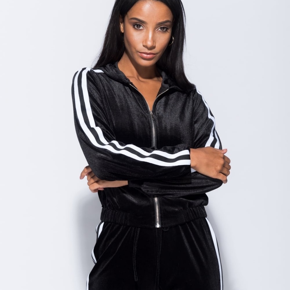 BLOGGER STYLE Velvet Side Stripe Hooded Tracksuit - Picture 5 of 7